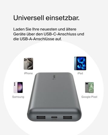 Powerbank Belkin 20000mAh з USB-C та USB-A, 20K, сірий, для iPhone, Galaxy, Pixel, iPad, AirPods