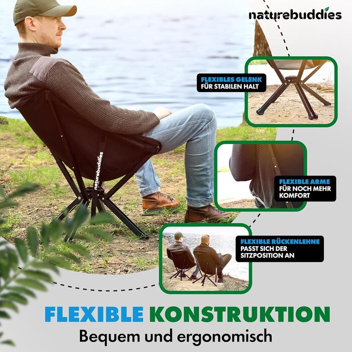 Крісло для кемпінгу Nature Buddies® Faltbar: Легке, компактне, складне (до 150 кг) | Стілець для риболовлі, відпочинку на природі, фестивалів