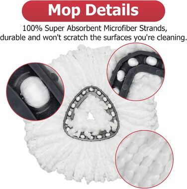 Spin Mop Replacement Head – EasyWring Mop Refill with Base, compatible with O-Cedar Triangle Spin Mop, Microfiber Mop Replacement Head, easy cleaning, floor wiper (white)