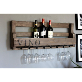 Wooden Wall-Mounted Wine Rack - with Glass Holders and 'VINO' Signage - Flamed - Ready to Mount - Shelf for Wine Bottles and Glasses (Brown / Vintage (with Black VINO Signage))