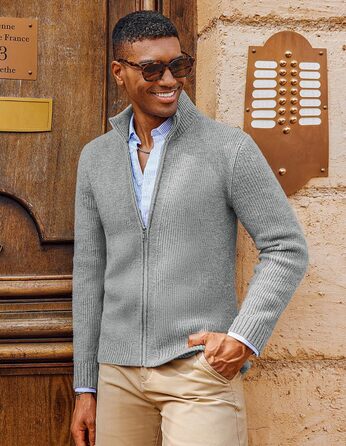 Чоловіча в'язана куртка-трікжак PJ PAUL JONE з коміром-стійкою та блискавкою, світло-сіра (L)