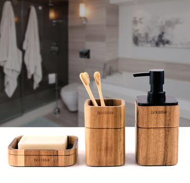 Набір аксесуарів для ванної кімнати 3 шт. з акації (мильниця, дозатор мила, стаканчик), декор для ванної кімнати