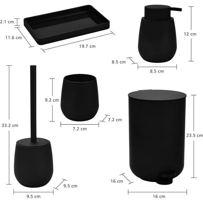 Набір аксесуарів для ванної кімнати: смітник 3л, тримач для зубних щіток, дозатор мила, тримач для туалетного паперу, WC-щітка та тримач, зелений (5 шт.) + чорний (5 шт.)