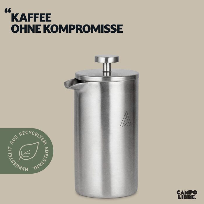 Campo Libre.® Giorgio French Press Coffee Maker made of double-walled stainless steel, 0.35l | Plastic-free coffee press with thermal function incl. replacement filter | Coffee maker | 100% recycled stainless steel 350ml Matt Steel