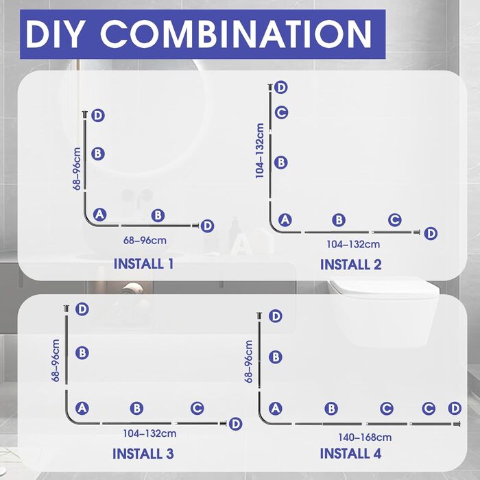 Кутова штанга для душу L-Form, регульована 68–96 см × 68–96 см, нержавіюча сталь, водонепроникна та стійка до іржі, 90 градусів, з 12 кільцями, комплект гвинтів (104-132x104-132 см, Чорний)