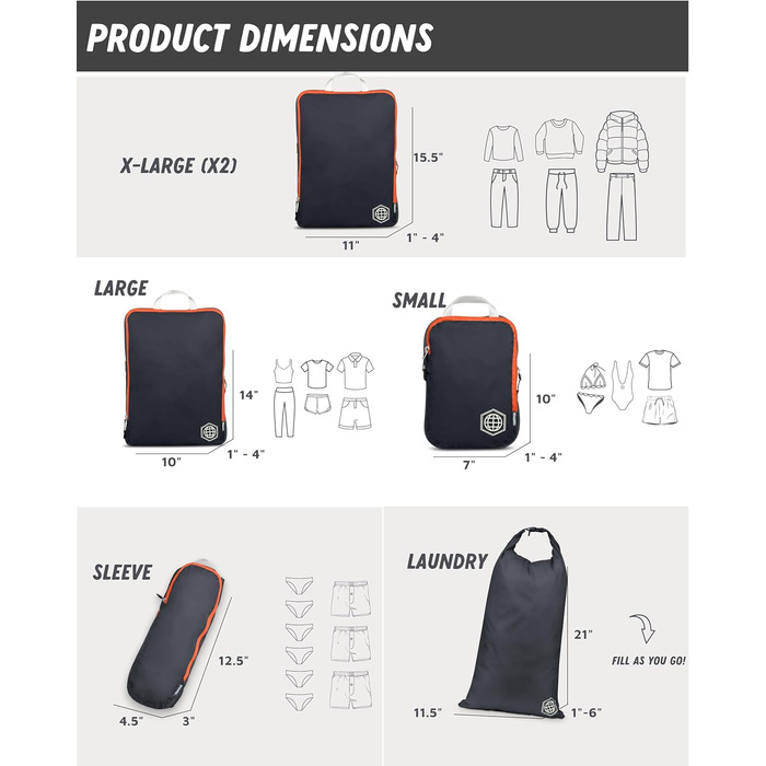 Набір органайзерів для подорожей Trippped Travel Gear, 7 шт., великі, компресійні, сірі/помаранчеві