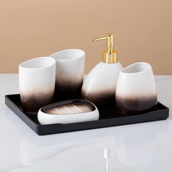 Набір аксесуарів для ванної кімнати 4 шт. Сірий, з дозатором мила, мильницею та 2 стаканчиками для зубних щіток, з малюнком 