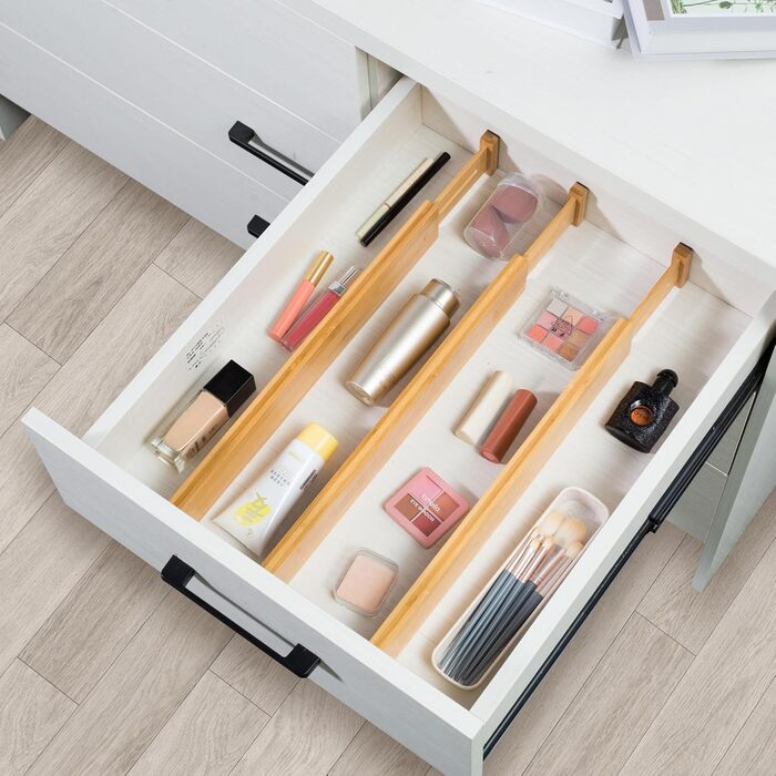 VaeFae Drawer Dividers Adjustable Bamboo, Expandable Drawer Organizer for Kitchen, Bedroom, Bathroom, Dresser, Spring-loaded Drawer Organization System, 6 Pieces