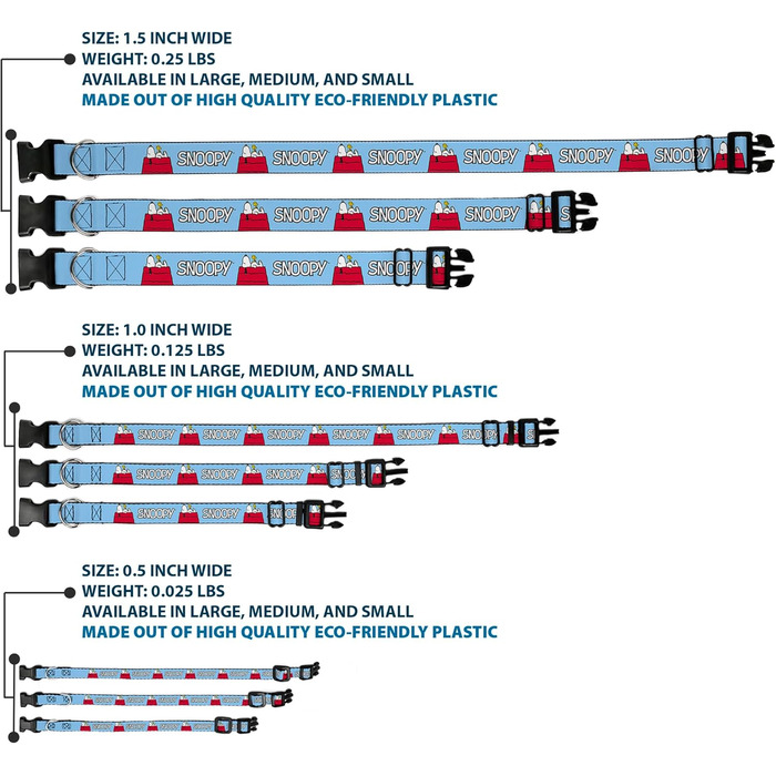 Нашийник для собак Peanuts Snoopy та Woodstock з пластиковою застібкою, блакитний, ширина 1,3 см, розмір S (17,8-21,6 см)
