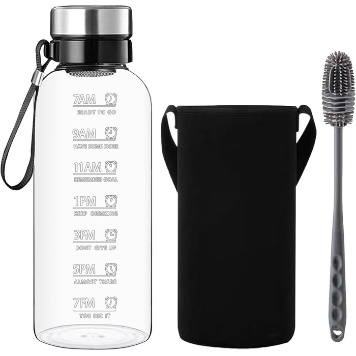 RNCKUUE 2 Liter Glass Bottle, 2l Glass Drinking Bottle, Glass Water Bottle with Strainer, Neoprene Sleeve, Bottle Brush