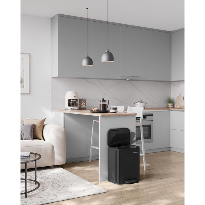 Відро для сміття SONGMICS 20 л з кришкою, з педаллю, нержавіюча сталь, Soft-Close, з внутрішнім відром, антиковзне педаль, хмарно-білий LTB542W02 (Чорний)