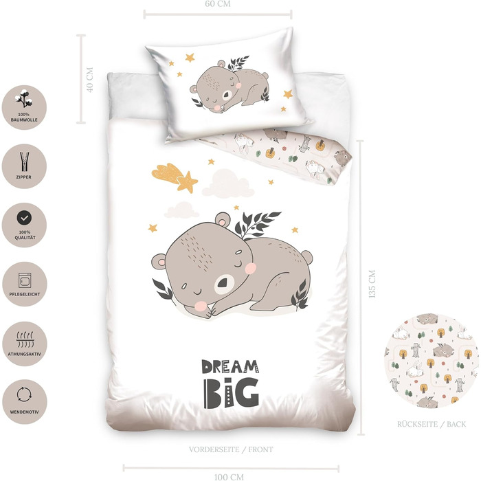 Комплект постільної білизни для ліжечка Kinderbettwäsche 100x135 з 100% бавовни - для дітей та малюків. Сонячний стиль бохо, підходить для дівчаток та хлопчиків (40x60 + 100x135, ведмедик)