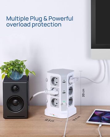 Стедова вежа KOOSLA з 12 розетками, захистом від перенапруги (4000W/16A), 6 USB-портів (20W USB-C), 2м, для офісу, кухні, столу (білий)