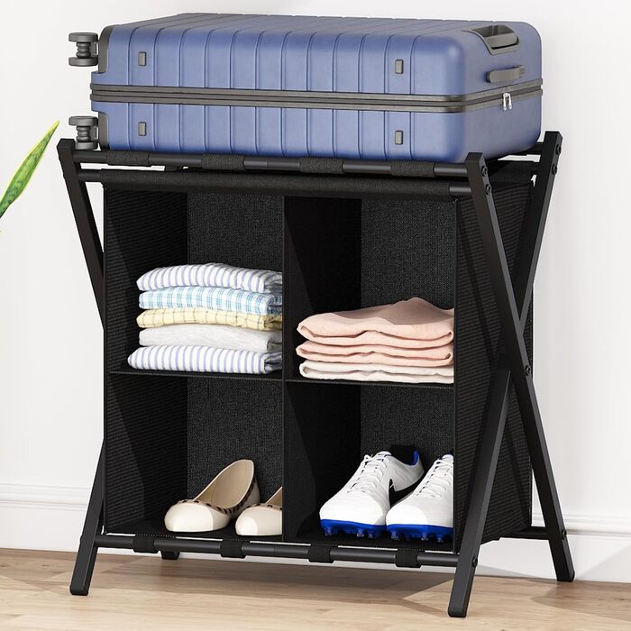 aboxoo 2-Pack Luggage Rack with Storage, Guest Room, Foldable, Holds up to 54.4 kg, Space-Saving Luggage Racks for Guest Rooms, Bedrooms, Hotels, Black (1 Piece)