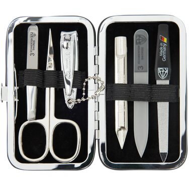 Набір для манікюру DREI SCHWERTER 'Catania' 6 предметів (Німеччина) - з ножицями для кутикули, щипчиками, пінцетом, алмазною та скляною пилочками, очищувачем для нігтів у футлярі, світло-коричневий