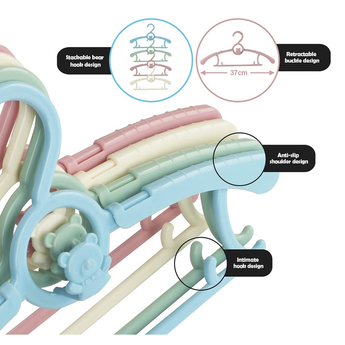 Набір дитячих вішалок для одягу 24 шт. Зростаючі вішалки для дітей з бантиками, нековзкі, для малюків та дошкільнят, кольорові