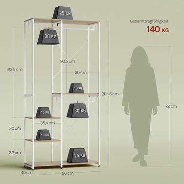 Вільна вішалка для одягу WOLTU з полицею, для спальні/коридору, стабільна, з дерева та металу, білий + світлий дуб
