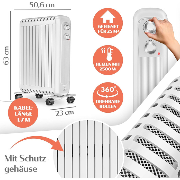 Масляний радіатор KESSER® 2500W з термостатом | Електричний обігрівач, 3 режими нагріву, білий