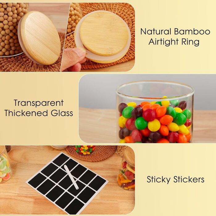 Набір скляних банок для зберігання з кришками (12 шт.) - 4x400мл, 7x500мл, 7x700мл. Скляні контейнери для кухні з дерев'яними кришками.