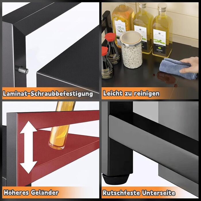 Розширювана полка для мікрохвильової печі, 2 яруси з 6 гачками, телескопічна полка для кухні 42-64 см, органайзер для спецій та кухонного приладдя (Чорний)