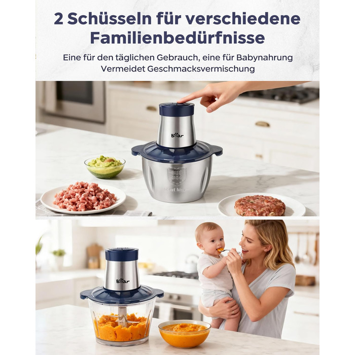 Електричний подрібнювач м'яса Bear 2L+1.8L з функцією м'ясоподрібнювача, 600W, 2 швидкості, зі скляною та нержавіючою сталлю, 4 леза, для м'яса, дитячого харчування, фруктів та овочів