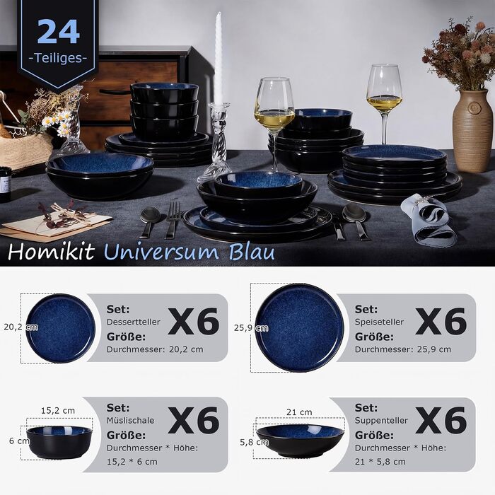 Набір столового посуду Homikit Universum Blau на 6 осіб, керамічний сервіз із каменю, 24 предмети, синій