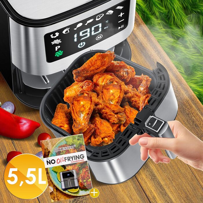 KESSER® XXL 5.5 Liter Hot Air Fryer Stainless Steel | Includes Baking Basket | 1700W Fryer Air Fryer | Touch Display | 8 Programs | Oil-Free | Oven | Hot Air | Grill | Fat-Free Silver