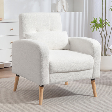 HOMCOM Lounge Chair, Armchair with Lumbar Pillow, Upholstered Armchair with Wooden Legs, Fleece Fabric, Reclining Single Chair for Living Room, Bedroom, White | Aosom