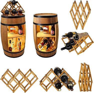 CREATIVE COOPER Fass bar LED RGB with wine holder - wine rack - wooden barrel home bar 80x50cm - rustic decor bar cabinet wine stand – wine cabinet (Light Brown)