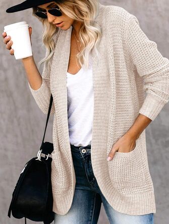 Жіночий в'язаний кардиган Saodimallsu з довгим рукавом, оверсайз, легкий, м'який, з кишенями, хакі (L, персиковий)