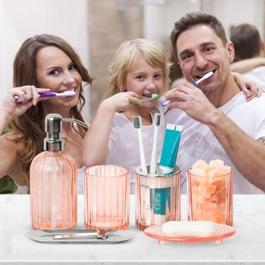 Umimile Bathroom Accessories Set, 6-Piece, Green Glass, Complete Toothbrush Holder, Cup, Lotion Dispenser, Soap Dish, Vanity Organizer, Aromatherapy Cup for Apartment, Bathroom Decor (Pink, 6 Pcs Bathroom Set)