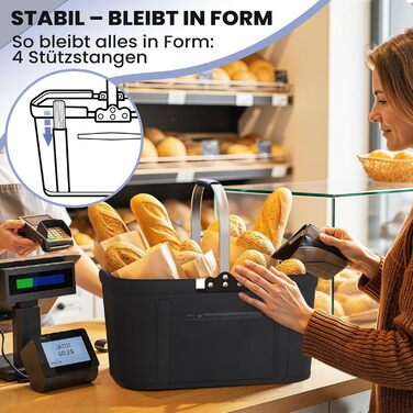 Складаний кошик для покупок 30L з 4 стійками | Міцний кошик для перенесення та пікнік | Великий кошик для сім'ї (46x27x25cm) | З м'якими ручками | Для покупок, подорожей, кемпінгу (Чорний)