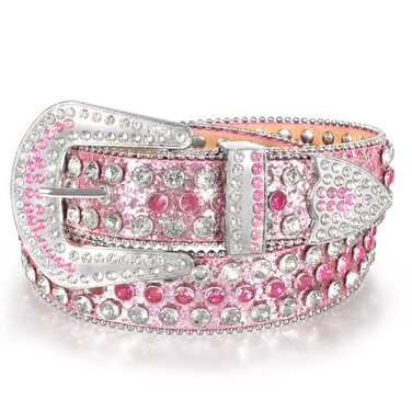 LEACOOLKEY Ремінь з стразами для чоловіків та жінок, блискучий вестерн кантрі ковбойський ремінь з ніти, для джинсів, штанів, суконь, розмір S (73-82 см), загальна довжина 105 см, колір G-рожевий (срібна пряжка)