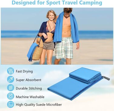 Рушник з мікрофібри Flintronic, 200x100 см, великий пляжний рушник, швидковисихаючий, спортивний, для подорожей, на пляж, до сауни (Небесно-блакитний, (180*90 см)*1 + (80*40 см)*2)