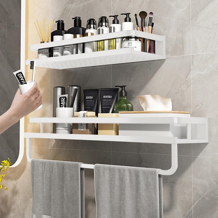 Поличка для душу Devesanter без свердління, 2 шт. з тримачем для рушників та 6 гачками. Органайзер для ванної кімнати, спальні, кухні (40 см, білий)