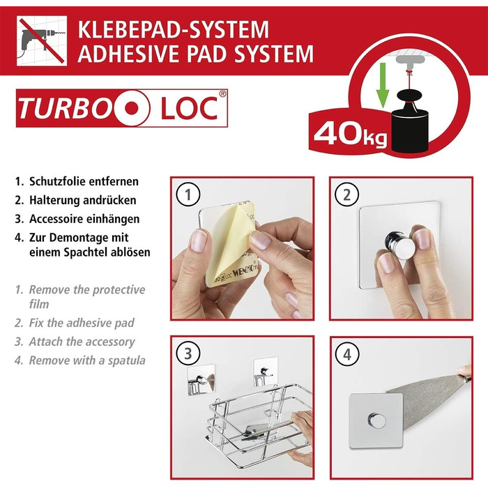 Кутова полиця для душу WENKO Turbo-Loc Quadro з нержавіючої сталі, монтаж без свердління, 27,5x10x19,3 см, хромована