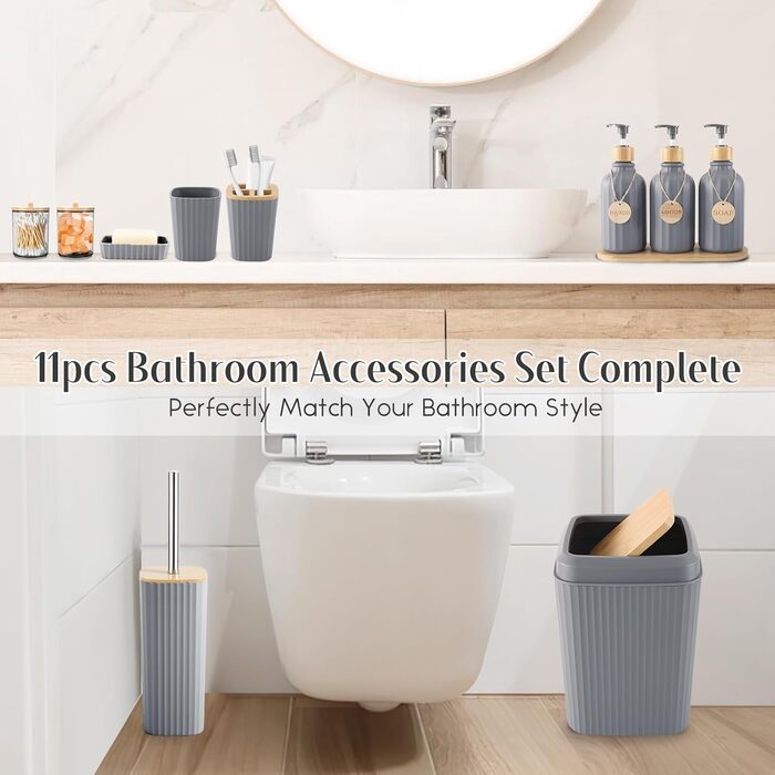 Набір аксесуарів для ванної кімнати сірого кольору, 17 предметів: сміттєвий бак, 3 диспенсерів для мила/лосьйону, тримач для зубних щіток, мильниця, стаканчик, 6 дерев'яних гачків, піднос для ванної кімнати