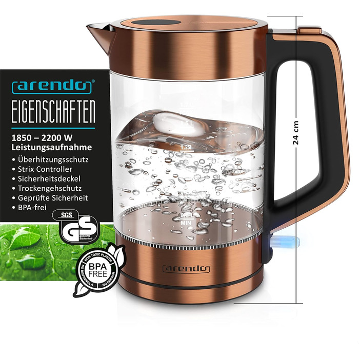 Набір чайник та тостер Arendo Edelstahl Kupfer, 1.7л, 2200W, з підігрівом, 2 Scheiben, 1000W, з підставкою для булок
