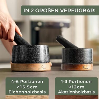Набір для стукання WALDWERK: ступка та пестик з граніту на дерев'яній основі з дуба