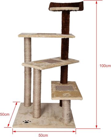 Wiltec Scratching Post 100 cm with Sisal in Beige/Brown, Cat Tree with 3 Resting Areas, Cat Scratching Post with Viewing Platform, 2-Color Cat Scratching Post