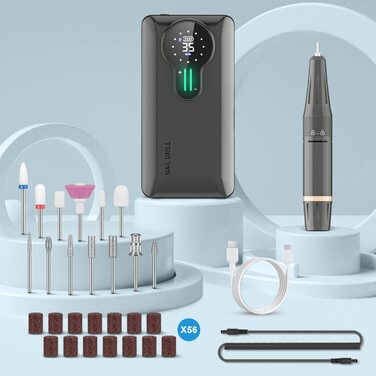 Професійний нігтефрезер ENGERWALL 35000 об/хв з акумулятором 20 годин, електрична машинка для манікюру з 7 насадками, бездротова, для акрилу та гелю, срібляста (Pro).