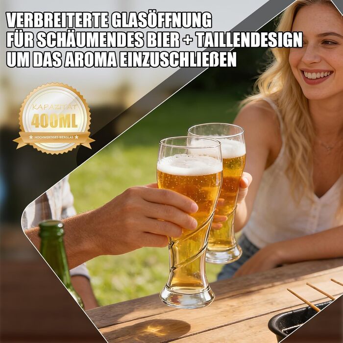 Набір келихів для пива 400 мл, безсвинцеве скло, спіралевидний дизайн, стійкі до температур та посудомийки, 6 шт.