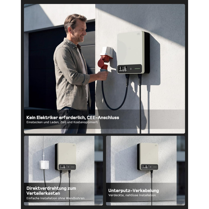 Wallbox 11 кВт з Wi-Fi та кабелем Type 2 7,5м, 3-фазне зарядне для електромобілів (BEV/PHEV), 6-16A, 400V, RCD Type A 30mA/DC 6mA, IP54, чорний. Зарядна станція для дому.