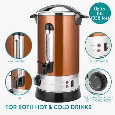 Navaris Mulled Wine Warmer/Hot Water Dispenser - Stainless Steel - with Thermostat, Fill Level Indicator, and Tap - Mulled Wine and Hot Beverage Dispenser (10 l, Copper)