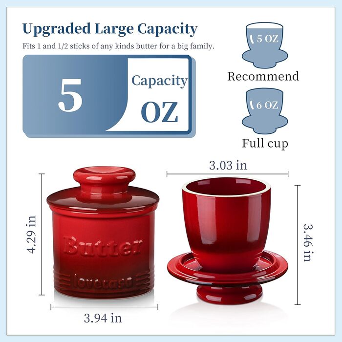 Porcelain Butter Dish for Countertop, LOVECASA Butter Holder with Water Line, French Butter Box with Lid, Ceramic Butter Container, no more hard butter, perfectly spreadable consistency (red)