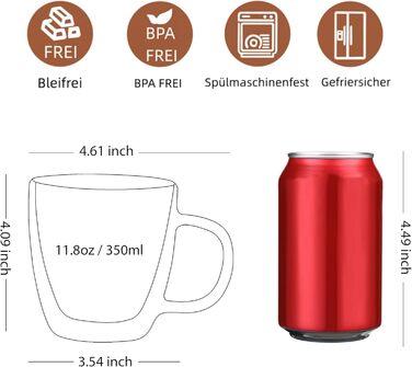CNGLASS Double-Walled Macchiato Glasses 350ml/12oz, Insulated Coffee Cups Glass 2-Pack, Clear Coffee Glasses with Handles for Latte Macchiato Cappuccino