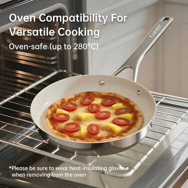 Набір антипригарних сковорідок Tjean з керамічним покриттям (без PTFE, PFOA, PFAS) з нержавіючою ручкою, підходить для індукційних, газових, електричних плит та духовки до 280°C (кремово-білий, 20+24+28 см)