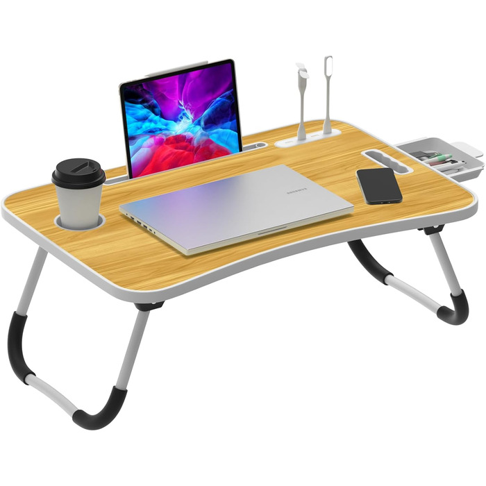 Столик для ноутбука в ліжко Huracan: регульований, з USB, підсклянником та ящиком (60x40 см, чорний)