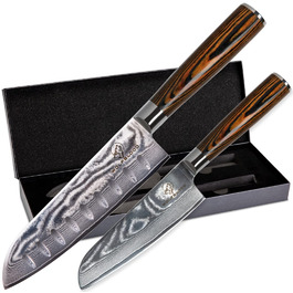 Набір ножів кухонних Wolfblood Santoku Дамаск (30 см та 24 см) - 67 шарів, сталь 62 HRC, дерев'яна ручка, подарункова коробка
