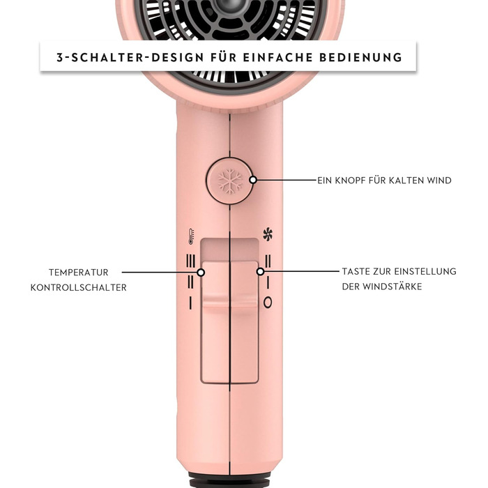 Фен AINA з дифузором для волосся | Іон-технологія, керамічне покриття, холодний струмінь | Швидке сушіння та блиск | 230v~, Baby Rosa